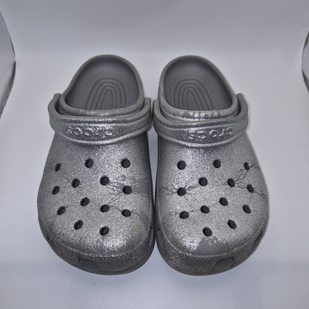 Crocs Classic Glitter Clogs Silver Shimmer Slip On Comfort Shoes Women's W8